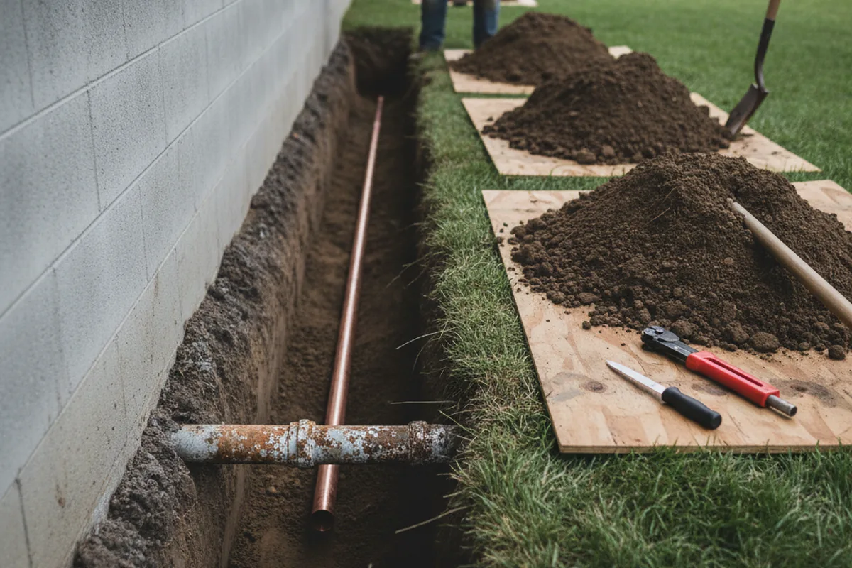 Excavated water line trench during Water Heater Repair in Michie